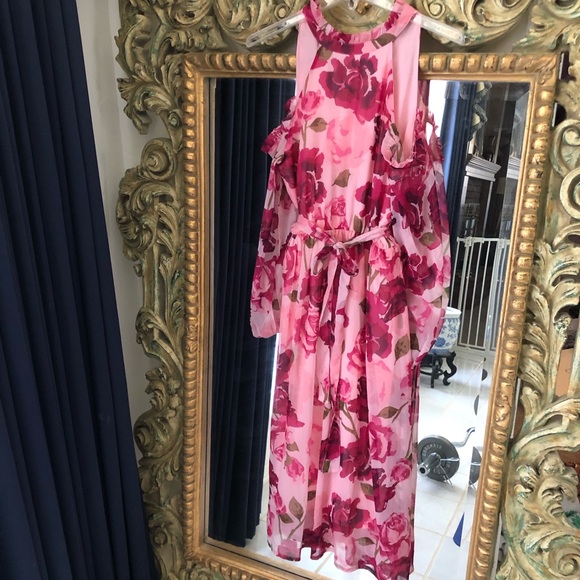 Pink Floral Off Shoulder Midi Dress - Picture 9 of 12